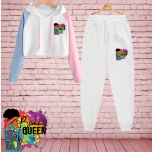 Joy Sana Baju Setelan Remeja Tanggung / ABG Style Korea Atasan Crop Hoodie Kombinasi Tangan Dan Celana Jogger Motif Black Queen