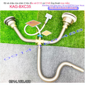 Bộ xả chậu rửa chén đôi inox 304 KAG-BXC35 chậu 1 to 1 nhỏ bộ ống thoát bồn rửa bát  2 hố D140 và D110 chất liệu SUS304 dễ vệ sinh siêu bền sử dụng tốt