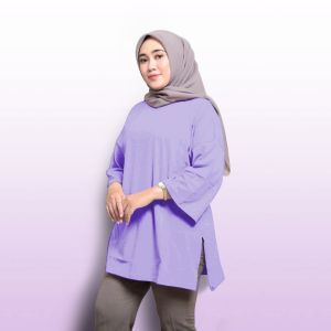 Blouse Baby Terry Oversize Longline Warna Solid Lengan 3/4 Plus Size
