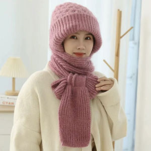 Women Winter Knitted Skullies Hat Scarf Set Cold Proof Ear Protection Scarf Warmer Beanies Cycling Windproof Ladies Outdoor Caps