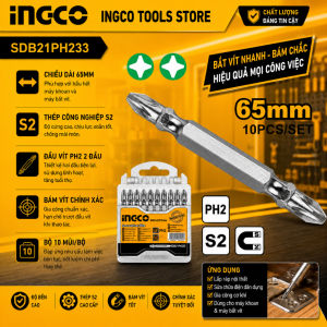 Bộ 10 Mũi Bắt Vít 2 Đầu PH2 INGCO SDB21PH233 65mm Thép Công Nghiệp S2 Độ Bền Cao