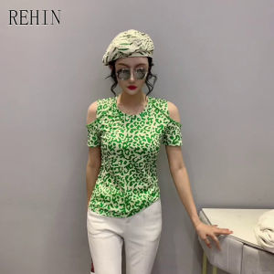 REHIN Womens top Summer new fashion bead strapless off shoulder short-sleeved T-shirt round neck Slim fit leopard print tide blouse
