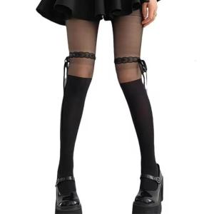 Sweet Ribbon Bows Accent Sheer Tights for Women Elegant Mock Knee High Stockings Patchwork Patterned Pantyhose Leggings