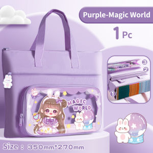 Portable Tutoring Bag for Kids Book Bag with Zipper for School PVC Front Pockets Waterproof Student Horizontal Handbag