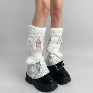 REEBO Pile Up Leg Warmers Women Subculture Ripped Foot Cover Y2K Fashion Stockings Knitted Broken Hole Socks Women