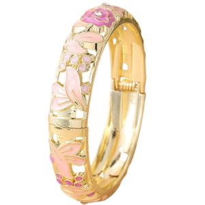 TEWUB Enamel Floral Vintage Cloisonne Bangle Colorful Traditional Womens Hand Bracelet Fashion Classic Flower Crystal Bangle Ladies