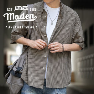 MADEN เสื้อเสื้อยืดแขนสั้นลายตารางหมากรุกไอวี่แบรนด์2025สำหรับผู้ชายแจ็คเก็ตเสื้อครึ่งแขนทรงหลวมลำลองผ้าฝ้ายแท้สีฟ้าสำหรับฤดูร้อน