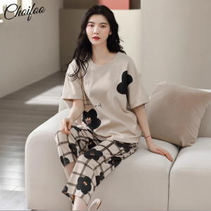 ChoiFoo New Womens Pajama Set Summer Short Sleeved Pajamas Korean Style Fashionable And Minimalist Pajamas Cool And Breathable 2-piece Set Of Pajamas Soft And Comfortable Skin Friendly Home Clothing