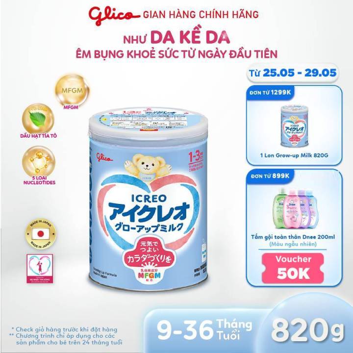 (VC50K-FREESHIP) Lon Sữa Bột Dinh Dưỡng Glico Icreo Grow-Up Milk (Số 1 - 820g/lon)