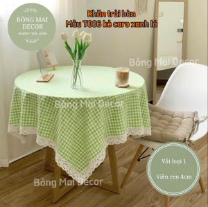 Khăn trải bàn vải canvas họa tiết kẻ nhí VIỀN REN phong cách Nhật Bản nhẹ nhàng vintage [T006]