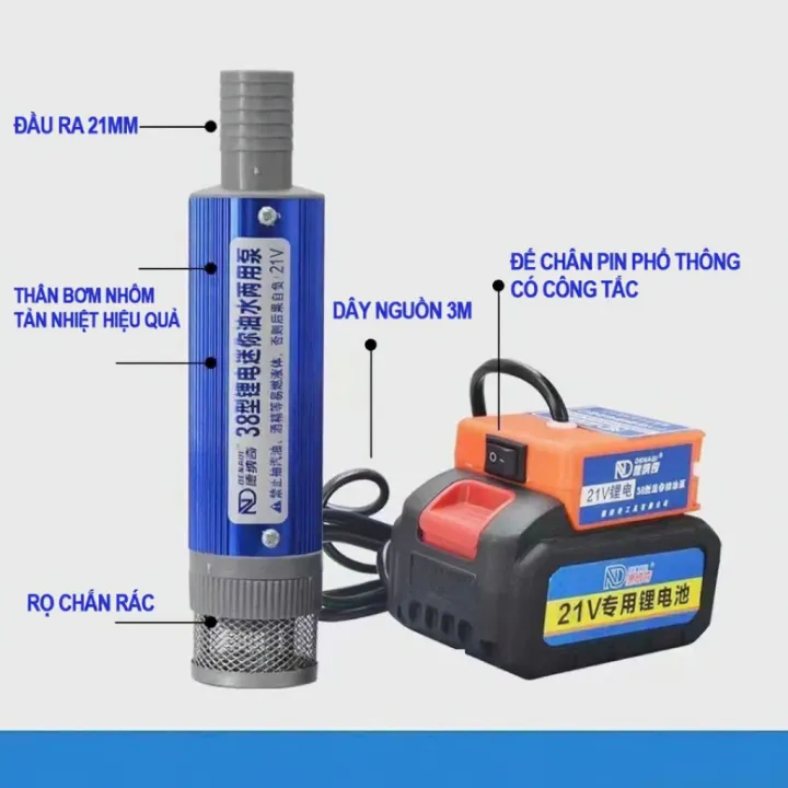 Bơm chìm chân pin phổ thông 21V tốc độ 32 lít / phút, bơm thay nước hồ ...