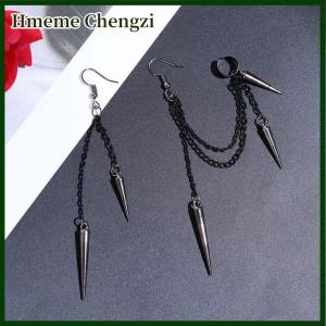 Hmeme Men Retro Black Tassel Chain Long Earrings Punk Earrings Hiphop Rivet Earrings For Women Gothic Party Jewelry