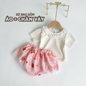 BG21 Bộ quần áo cho bé gái sơ sinh RIOKIDS áo thun cộc tay chân váy cho bé đầy tháng