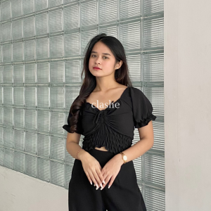 Baju Crop Blouse Pita Wanita Atasan Lengan Pendek Crinkle Airflow Anti Lecek Korean Style Kekinian Terbaru Ootd Paulina Top by Clashe