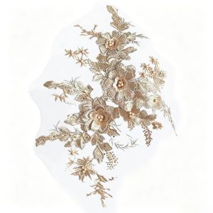 LUSIT Beaded Mesh Sequin Applique 3D Flowers Rhinestone Embroidered Lace Fabric Trim Dress Decor Floral Lace Embroidered Flower Applique Wedding Gown