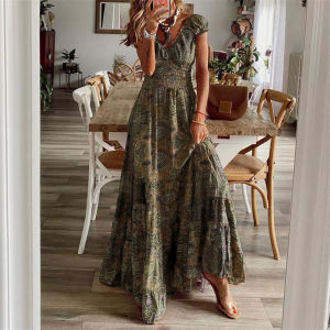 G72024 European and American Cross-Border New Bohemian Style Waist-Cinching Long Dress Printed Flared Dress Womens Fashion 7/7