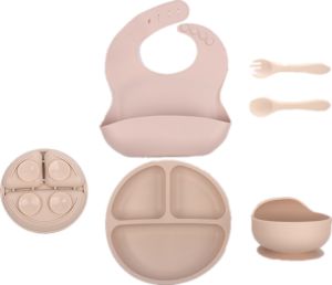 Kiumo ชุดซิลิโคน เด็ก ชุดบนโต๊ะอาหาร ดูด กันลื่น ชามแบ่ง จาน ช้อน ฟาง ถ้วย จาน เด็ก ฝึกอบรม BPA ฟรี 5/6PCS