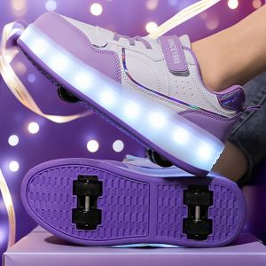 30-34 โรลเลอร์สเก็ตสำหรับเด็ก รองเท้าล้อถอดได้ ที่ถอดออกได้ Pulley Wheeled Shoes Double-W Heels LED shoes แฟชั่น รองเท้ากีฬากลางแจ้ง ชาย / หญิง 【จัดส่งจากประเทศไทย】