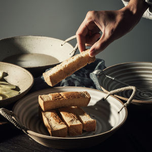 จานรับประทานอาหารชุดภาชนะเซรามิกบนโต๊ะอาหารแฮนด์เมดสไตล์ญี่ปุ่น OMK พร้อมที่จับจานผลไม้ชามสลัดชามซุปใบใหญ่