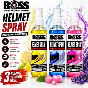 BOSS Helmet Spray Disinfectant Deodorizer Motorcycle Helmet Freshener Odor Eliminator Long Lasting Fragrance Citrus Lemon Bubble Gum Lavender Scent | Helmet Deodorizer | Helmet Spray Freshener | Effective Odor Remover For Helmet