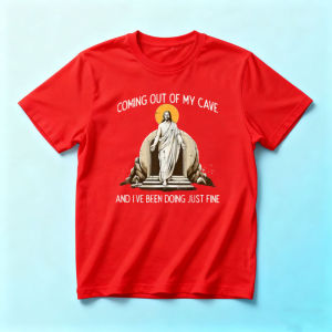 Faith Humor Casual T Shirt Men Sacred Figure Cave Tomb Funny Slogan Laid-back Believer Leisure Indoor Daily Short Sleeve Tee