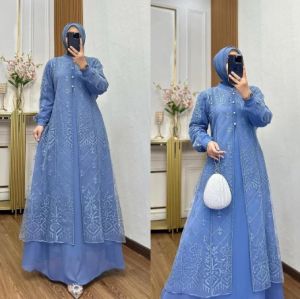 Gamis Brokat Simple Elegan Denara Dres BC Ceruty Babydoll Mix Brukat Aplikasi Swarovski M L XL XXL 3XL Dress Kondangan Wanita Jumbo Baju Muslim Remaja Kekinian Seragaman Pernikahan Warna Mahogany Burgundy Hitam Denim