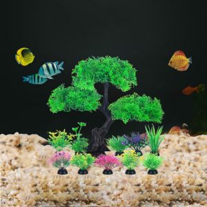 OUTOPEN Lifelike Aquarium Artificial Plants Funny Plastic Simulation Water Grass Fake Shrub Undersea Cherry Blossom Tree Plants For Goldfish Betta Fish Tank