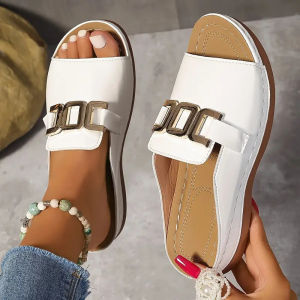[Free Shipping] WomenS New Style Large-Size Casual Fashionable And Minimalist Wedge-Heeled Sandals With A Metal Buckle And A Fish-Mouth Design