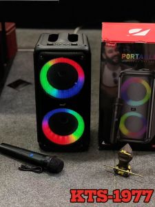ลำโพงบลูทูธ รุ่น KTS-1977 ฟรีไมค์ลอย1ตัว ด้านหลังมีที่วางไมค์ ดอกลำโพง4นิ้ว2ดอก เสียงดีเบสแน่น ปเพิ่ม-ลดเสียงไมค์ได้ รองรับUSB TF เปิด-ปิดไฟได้ สามารถเชื่อมได้2ตู้