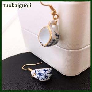 tuokaiguoji ต่างหูถ้วยชาเซรามิกทำด้วยมือสไตล์วินเทจสำหรับผู้หญิงต่างหูถ้วยเคลือบของขวัญเครื่องประดับ