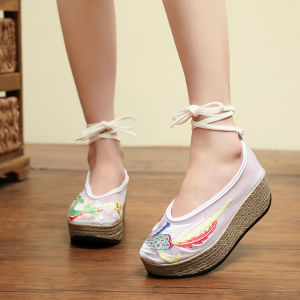Net Shoes Lady Pearl Buckle Vintage Dance Shoes Womens Antique Style Cheongsam Hanfu Shoes Womens Embroidered High Heels