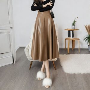 <102> Váy Da Váy Kẻ Ô Nữ 2025 Váy Xòe Lớn Màu Đen Cao Cấp Che Hông Mẫu Thu pu Váy Dài