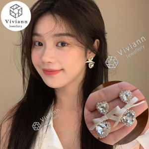 Viviann Sweet Exquisite Ribbon Bow Rhinestone Heart Earrings Fashion Stud Earrings for Women New Korean Arrival Trendy Fresh Lovely Stud Earrings For Women Fashion Jewelry Girl