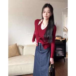 ohho#43100#เสื้อสเวตเตอร์ถักแขนยาวสีแดงของผู้หญิง ย้อนยุค ฤดูใบไม้ร่วง รูปแบบใหม่ เสื้อกล้ามคอเชือกแขวนคอ