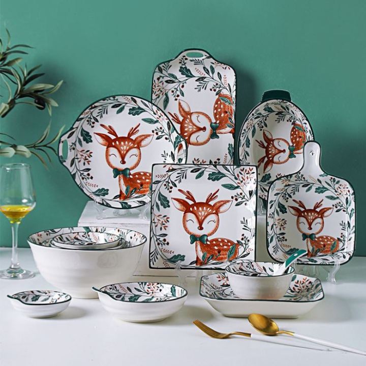 Bộ bát đĩa khay sứ cao cấp Nai xanh decor trang trí bàn ăn phong cách ...