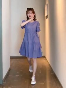 Womens Dress Summer Korean Waist Thin Romantic Purple Design Pleated Bubble Sleeve Skirt