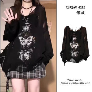 2K Spicy Girl Retro Butterfly Hole V-neck Knitted Sweater Womens Autumn New Lazy Style Long Sleeve Sun Protection Shirt T-shirt