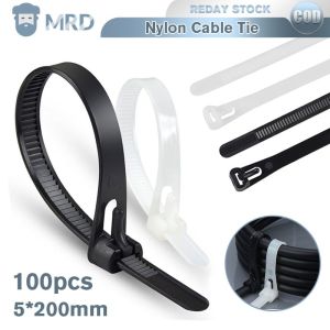 100PCS 5*200mm Releasable Nylon Cable Ties Reusable Nylon Zip Tie With No Hurt Round Ending Indoor Outdoor Adjustable Tie Wraps For Wire No Slip Off (Black/White)