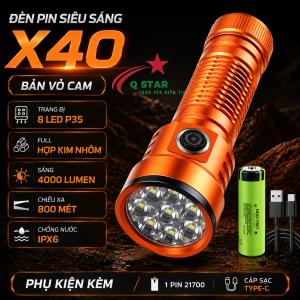 Đèn Pin Siêu Sáng X40 Full Hợp Kim Nhôm Trang Bị 8 Nhân Led Tích Hợp Sạc Type-C Sáng 4000lumen Kèm Pin 21700