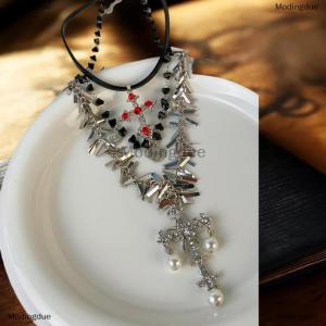 [COD] Modingdue Luxury Vintage Rhinestone Chain Imitation Pearl Chain Necklace For Women Punk Cross Pendant Choker