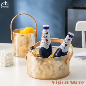 Vision Nordic Fruit Storage Basket High Borosilicate Glass Ice Bucket Bamboo Wood Portable Snack Dry Fruit Tray Household Bread Storage Basket with Wooden Handle Living Room Creative Vase Flower Arrangement Device