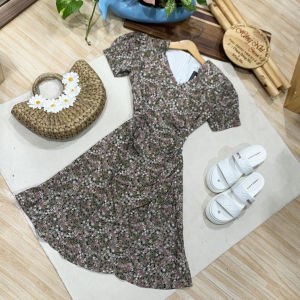 Đầm Xòe Voan Hoa Cổ Tim Nhún Eo Tay Búp Phối Nút Siêu Sang - Đầm Đi Tiệc Ulzzang