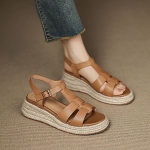 [Free Shipping] 2026 Summer New Fashionable Vacation Style Straw Wedge Platform Mid-Heel Round-Toe Open-Toe Versatile Casual Sandals
