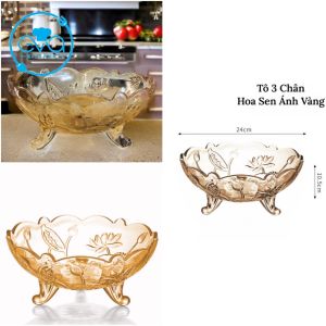 Dĩa Đựng Hoạ Quả Thuỷ Tinh Pha Lê Ánh Vàng Hoạ Tiết Chấm Bi Vàng 3 Chân Cao Cấp