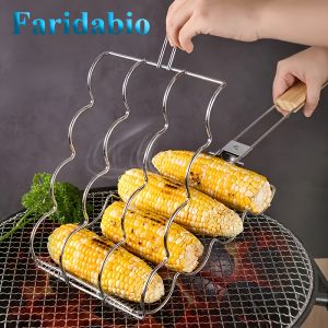 [Non Stick Grill Basket] Faridabio 1pc Metal Grill Basket | Non Stick Coating Barbecue Accessories for Corn Fish Vegetables Steak Shrimp - Outdoor Cooking Tools with A Corn Clip Rack No Battery Required