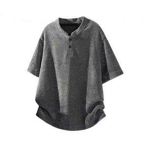 Summer Street Fashion Mens Texture Knitted Mandarin-collar polo shirt Short Sleeve T Shirt Waffle Fishbone Twill Fabric