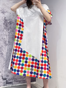 XITAO Dot Print T-shirt Dress Loose Casual Women Asymmetrical Contrast Color Print Hem Summer Dress WMD6195