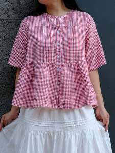 [ẢNH THẬT] Áo babydoll caro nhí màu đỏ đen cổ tròn xếp ly - Áo kiểu nữ Umay thiết kế
