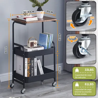 3-Tier Rolling Cart Trolley with Table Top Metal Adjustment Trolley Cart Rolling Utility Cart High-capacity Waterproof Household Save Space Trolley Rolling Storage Organizer Cart with Lockable Wheels for Kitchen Office Bedroom