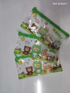 multi-color cartoon character pencil cases with animal designs and green accents.